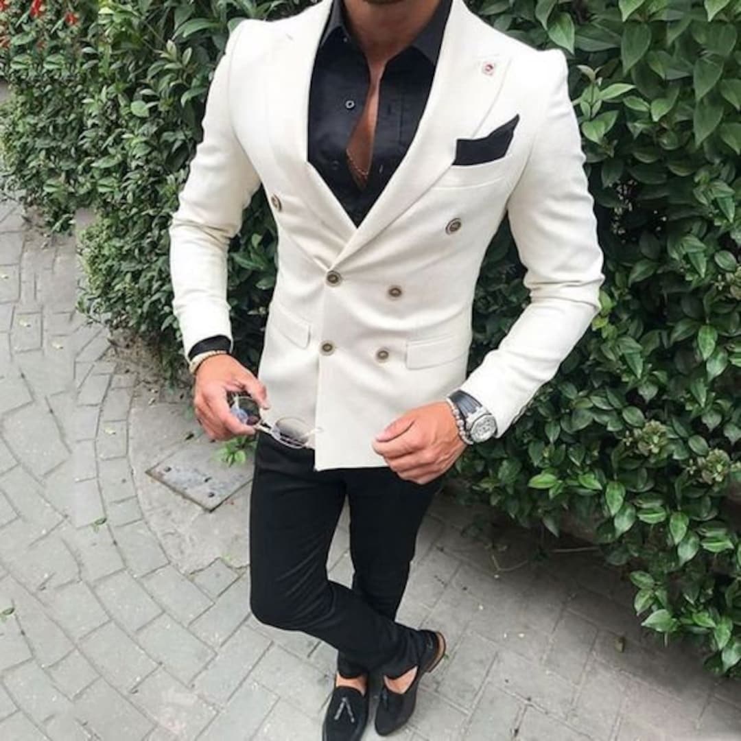Men Suits 2 Piece White Formal Fashion Double Breasted Party Wear Slim ...