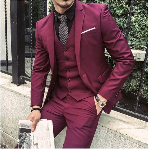 Men Suits Maroon 2 Piece Wedding Groom Wear One Button Body - Etsy