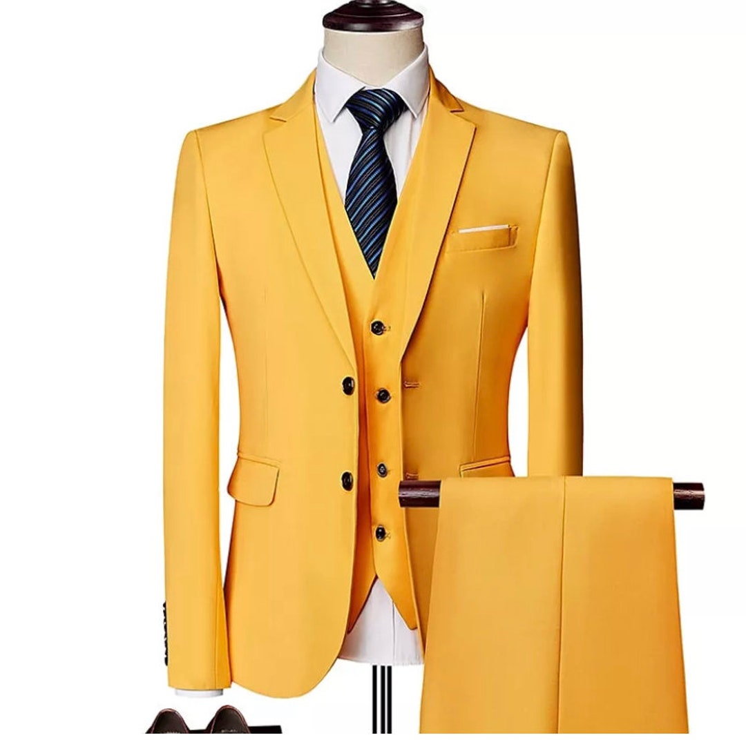 Men Yellow Suit 3 Piece Formal Fashion Elegant Slim Fit Party Wear Prom