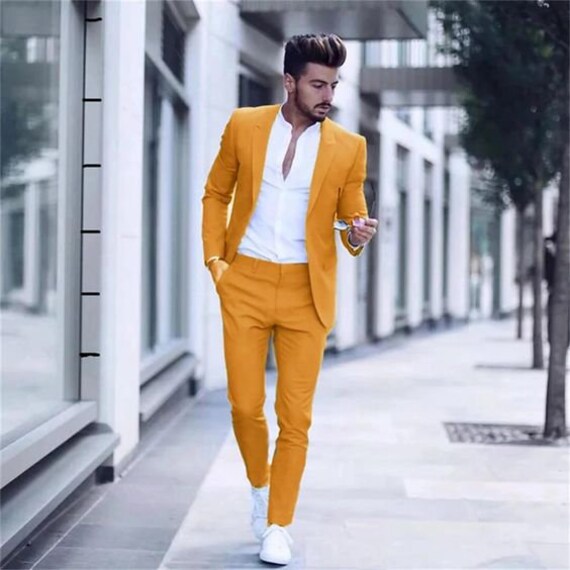Men Suits 2 Piece Suit Slim fit One Button Mustard Suit For Men Wedding  Suite Groomsmen Men Clothing