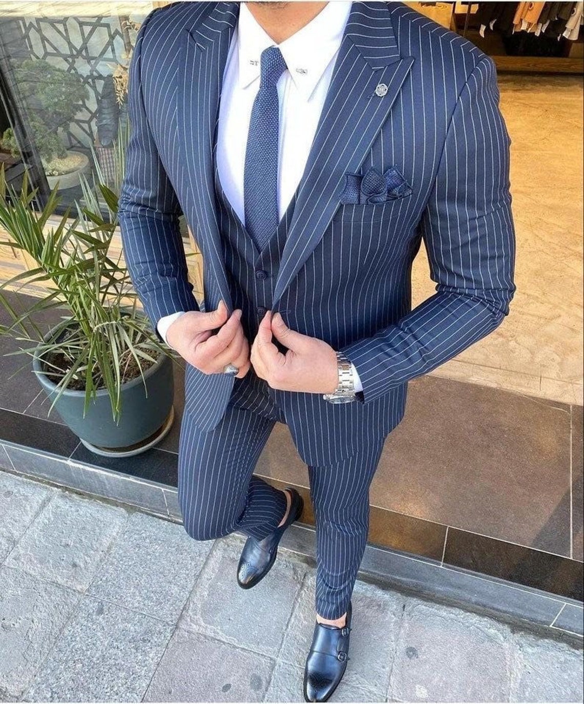 Men Suits Navy Blue Pin Stripe 3 Piece Designer Tuxedo Wedding image 1