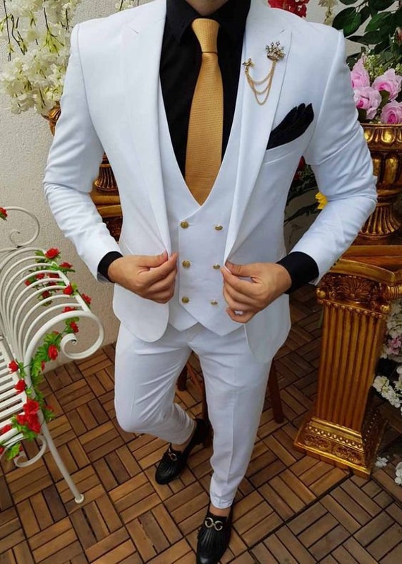 Trajes de hombre Blanco Novio de Usar Traje de 3 -