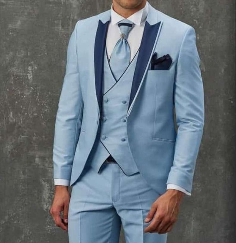 Men’s Vintage Style Suits, Classic Suits     Men Suits Sky Blue 3 Piece Designer Elegant Luxury Slim Fit Party Wear Dinner Suit  AT vintagedancer.com