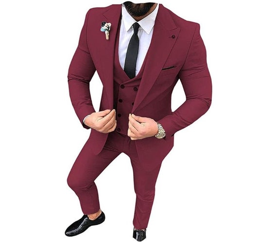 Men Suits Maroon 3 Piece Wedding Groom Slim Fit Party Wear | Etsy