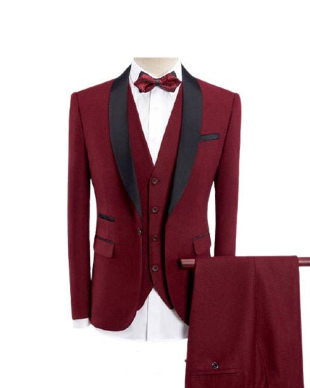 Men Suit 3 Piece Burgundy Tuxedo Party Wear Slim Fit Wedding Etsy