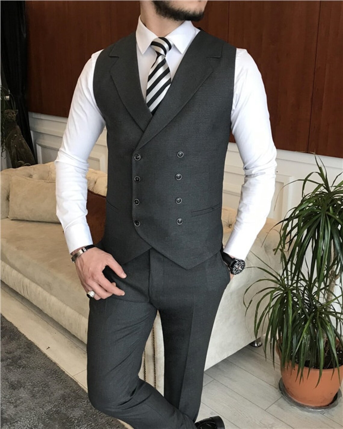 MEN SUITS Grey 3 Piece Formal Fashion Slim Fit Wedding Etsy