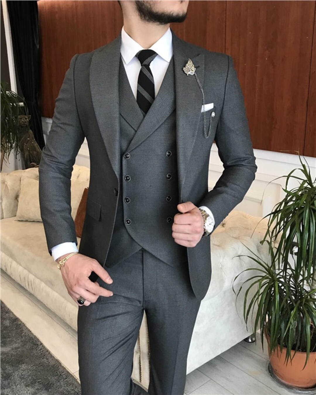 MEN SUITS Grey 3 Piece Formal Fashion Slim Fit Wedding Etsy