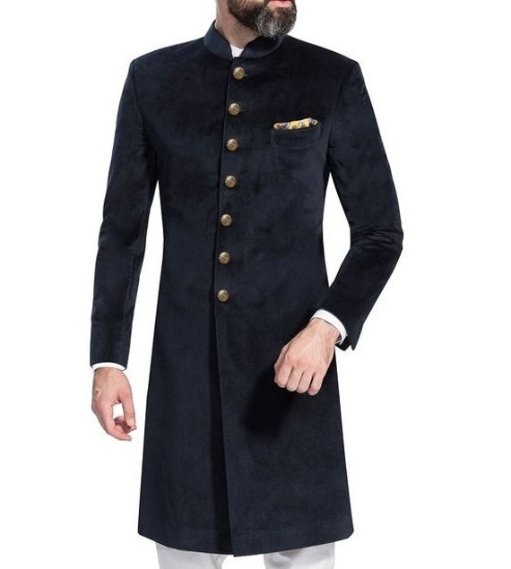 Men Wedding Sherwani Slim Fit Indian Stylish Black Velvet Groom