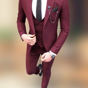 Men Burgundy 3 Piece Formal Fashion Tuxedo Elegant Designer - Etsy