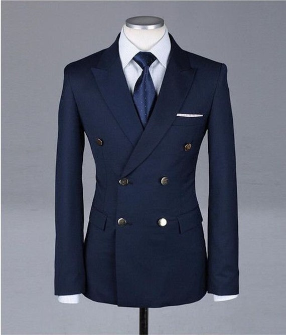 DesignVillaArt Men Double Breasted Coat Navy Blue Slim Fit Double Breasted Dinner Party Wear Blazer Coat