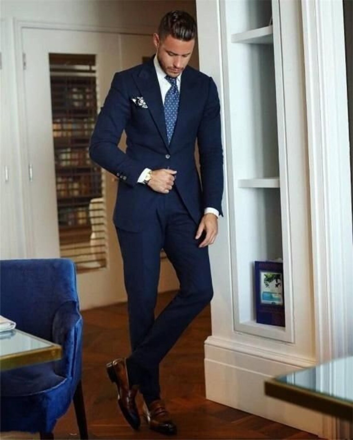Men'S Navy Blue Flap Two Pockets Beach Wedding Attire Suit main image 1