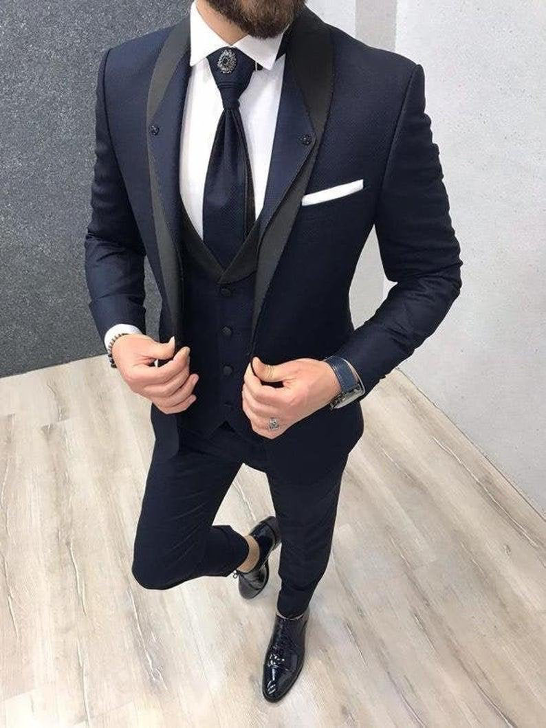 Men Suits Navy Blue Formal Fashion Wedding Suit 3 Piece Groom | Etsy