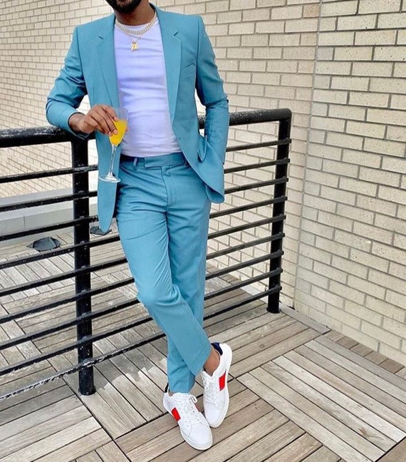 Men's 2 Piece Suit Blue Formal Slim Fit Dinner One Button 