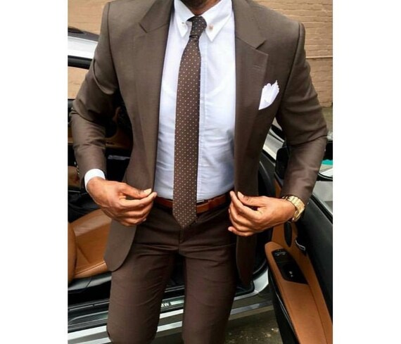 Traje de hombre Marrón 2 piezas Formal Moda Slim Fit Novio de | Etsy México