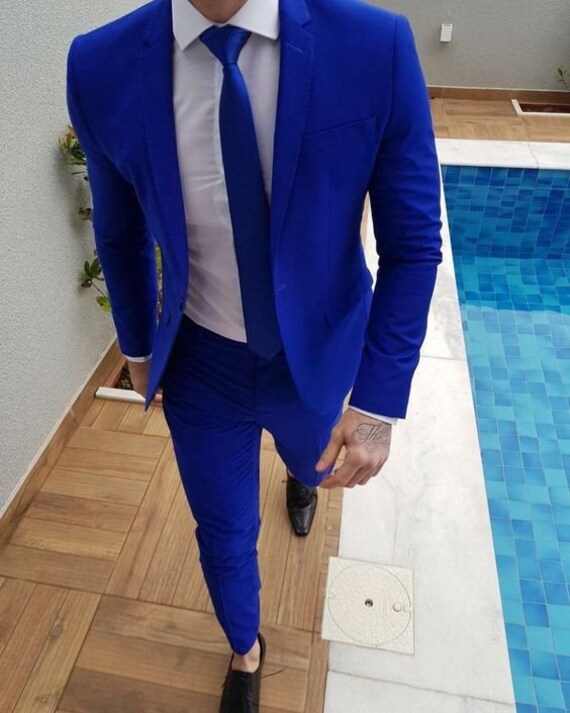 Mens 3 Piece Blue Suit Grooms Wedding Suit Party Wear Dinner Slim Fit Coat  Pants