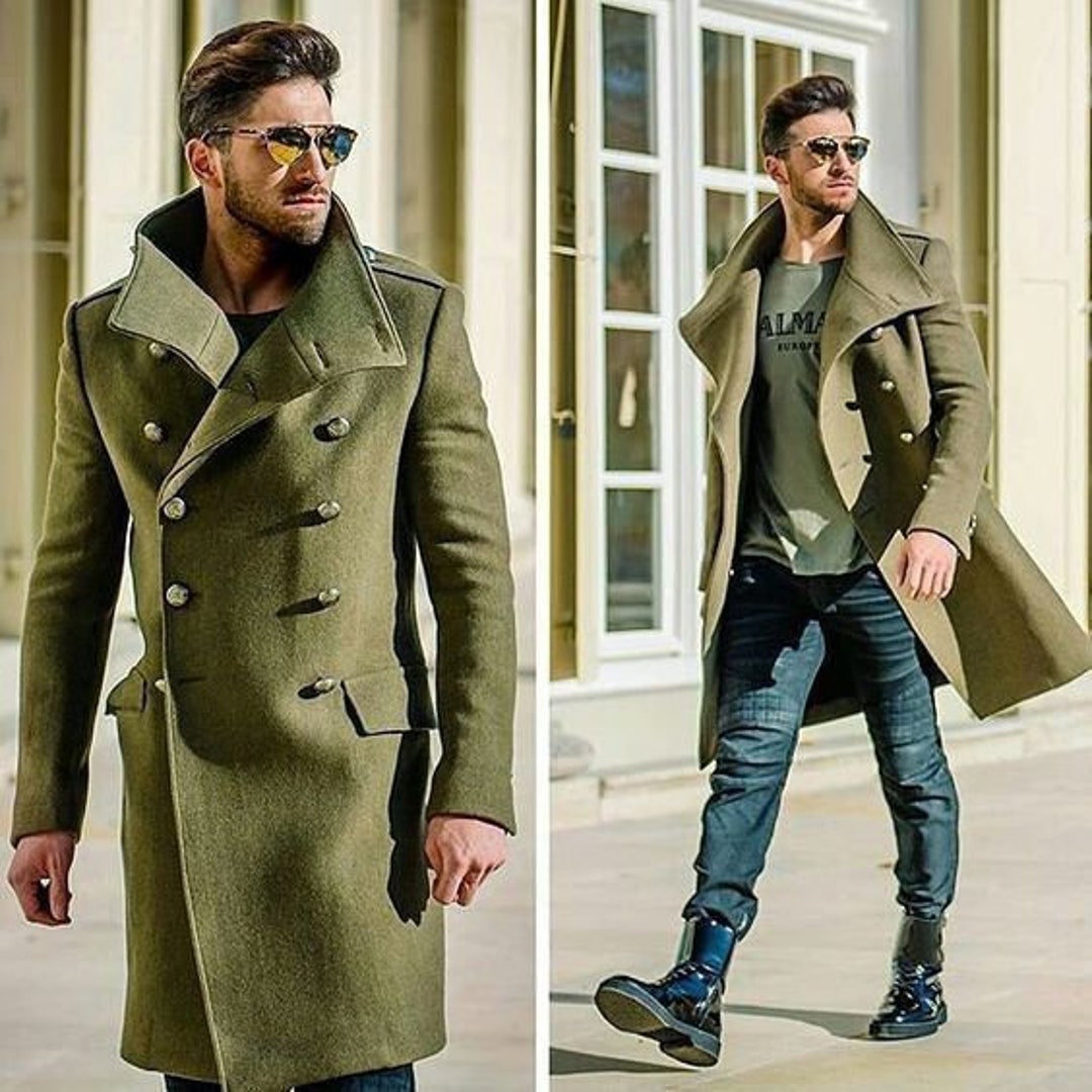 Trench Coat Men Double Breasted Green Wool Long Winter Dinner Coat - Etsy