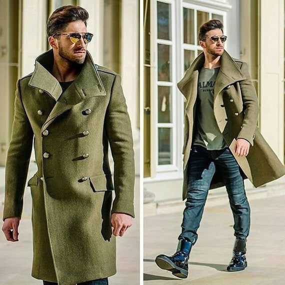 Trench Coat Men Double Breasted Green Wool Long Winter Dinner Coat