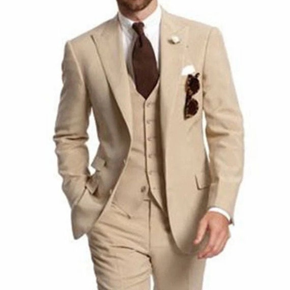 Men Linen Suit Beige Wedding Suit Linen Beach Suit 3 Piece Etsy