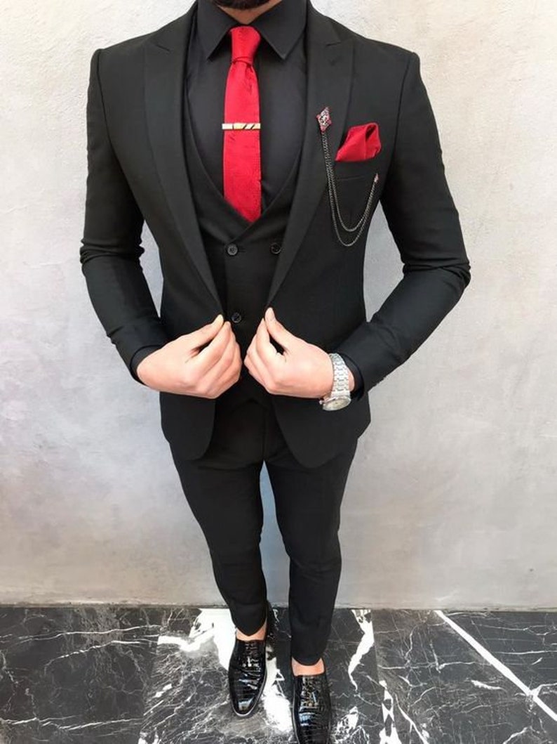 MEN BLACK 3 PIECE Suit Formal Fashion Designer Luxury Slim Fit image 2