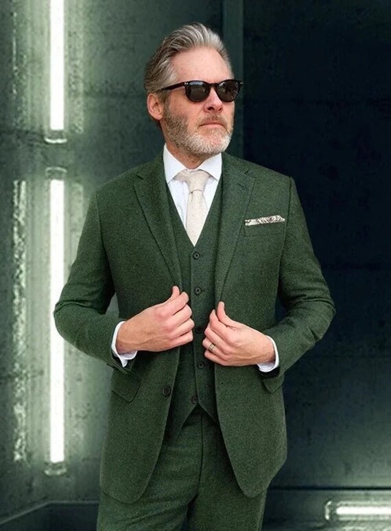 Men Tweed Suits 3 Piece Green Wool 