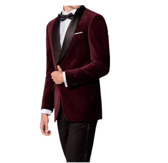 Men Tuxedo Jacket, Burgundy Velvet Tuxedo Jacket, Dinner Coat, One Button Party Wear Blazer,