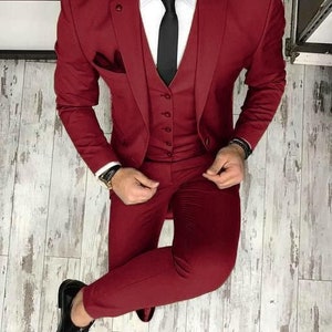 Men Burgundy Wedding Suit 3 Piece Slim Fit Elegant Formal - Etsy