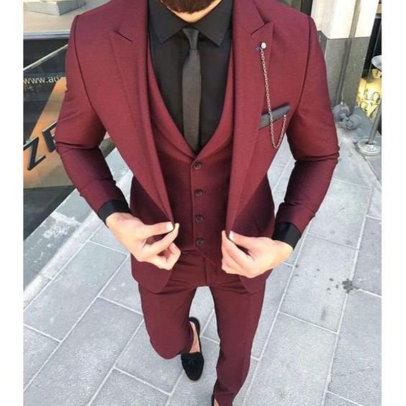 Men Suits Burgundy 3 Piece Wedding Suit Slim Fit Party Wear image 1