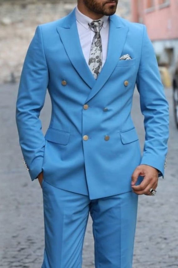 MEN SUITS SKY Blue 2 Piece Double Breasted Style Formal - Etsy