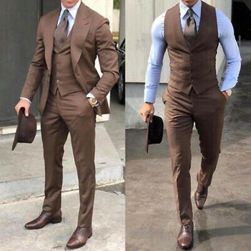 Men Suits Luxury Brown 3 Piece Wedding 