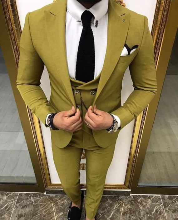 Men Suits Light Yellow 3 Piece Designer 