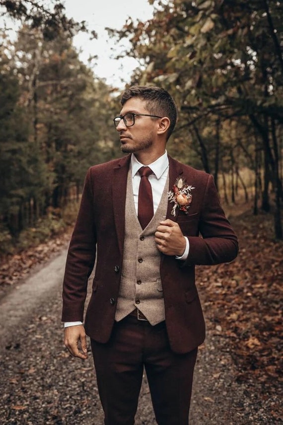 MEN SUITS WEDDING 2 Piece maroon Formal Fashion Party Wear Prom Dinner Suits