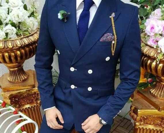 BESTMAN PATTERN NAVY BLUE DOUBLE- BREASTED TWO PIECE SUIT – SamEnchill  Collections