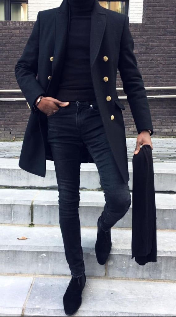 Gabardina negra para hombres Lana Elegante moda formal Slim - Etsy España
