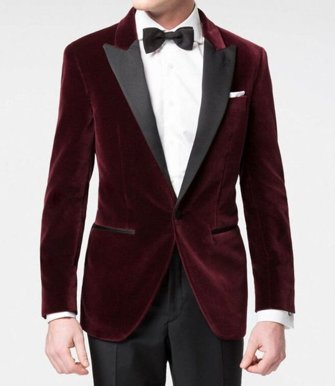 Men Tuxedo Jacket Burgundy Velvet Slim Fit Party Wedding Groom Prom ...