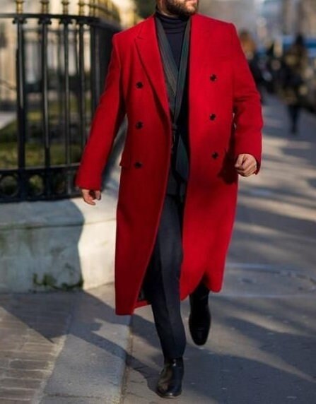 Men Dark Red Long Leather Trench 