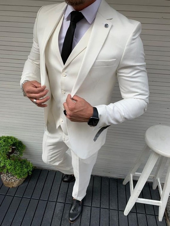 EXTRA FINE Soid All White Suit For Men  3PC VESTED Suits For Men