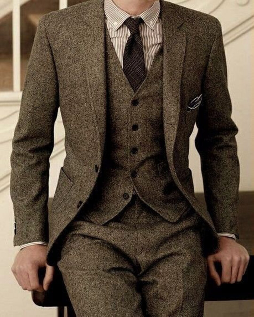 Men Tweed Suit Dark Grey 3 Piece Formal Fashion Party Wear 