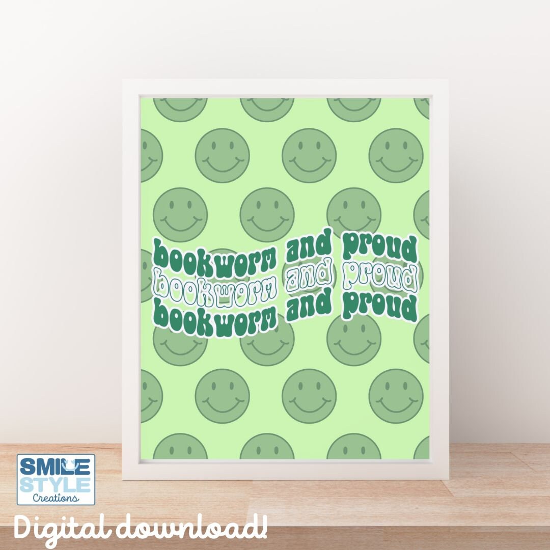 Bookworm and Proud Smiley Wall Art/ Green / Digital Print/ Digital ...