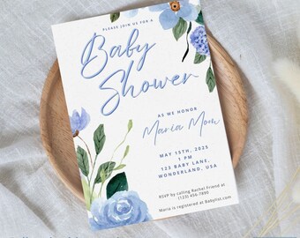 May include: A blue and green floral baby shower invitation with the text "Please join us for a Baby Shower" and "As we honor Maria Mom". The invitation includes the date, time, and location of the shower. RSVP information is also included.