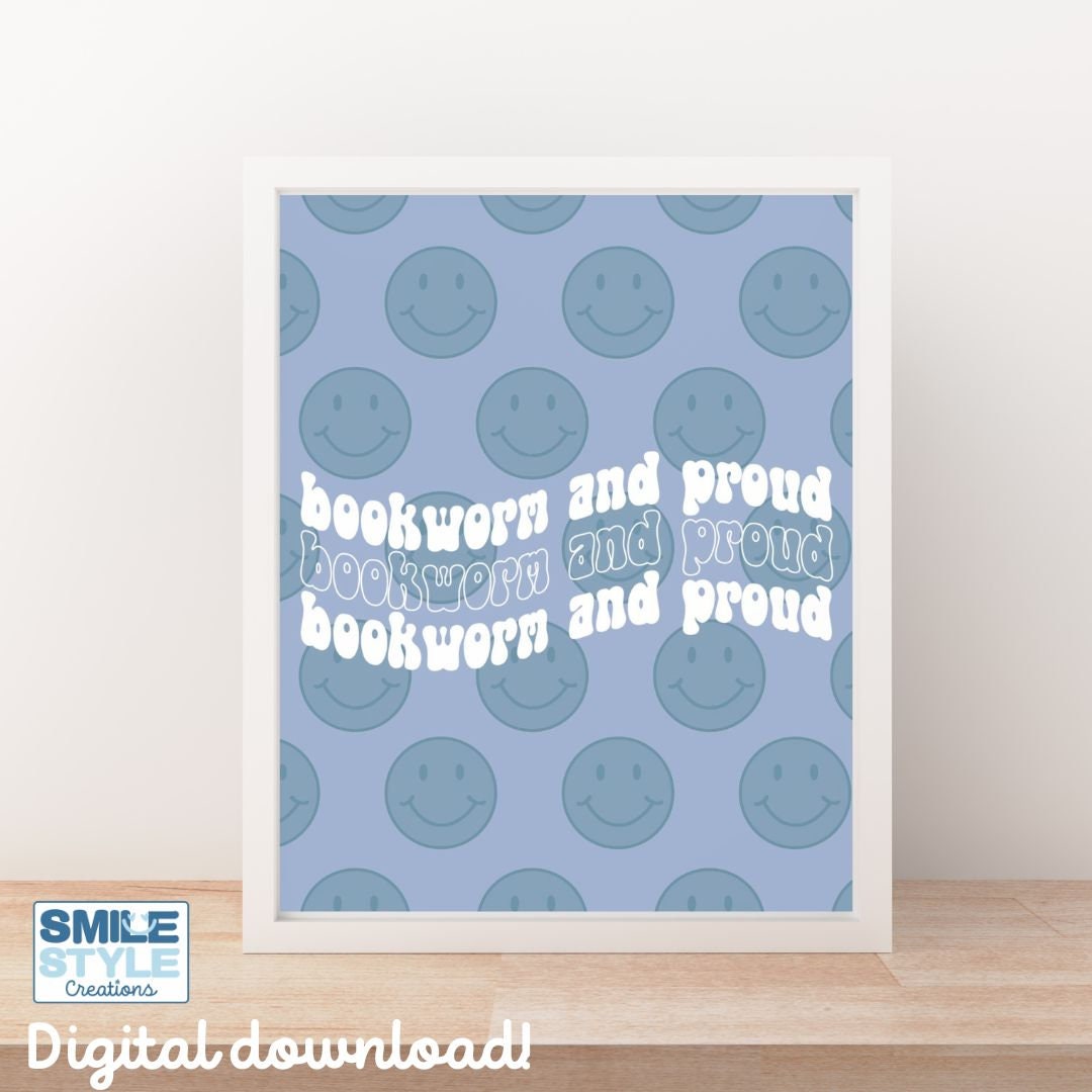 Bookworm and Proud Smiley Wall Art/ Blue/ Digital Print/ Digital ...
