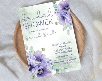 Green Watercolor and Purple Floral Bridal Shower Invitation/ Digital Download/ Editable Template