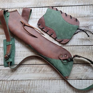 Leather Hip Quiver and Armguard – Handmade Archery Set with Shoulder Strap *