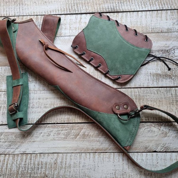 HIP QUIVER and ARMGUARD, Leather archery quiver with shoulder strap