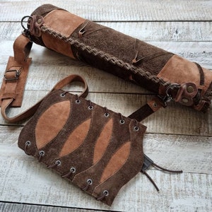 Leather BACK QUIVER and armguard, Round suede leather shoulder quiver with bracer