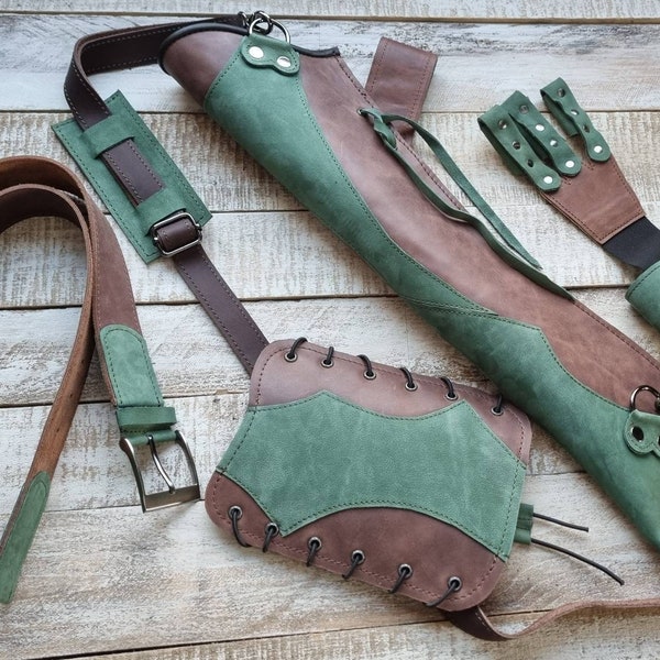 Leather QUIVER  with finger glove, armguard and belt - 4 peace set