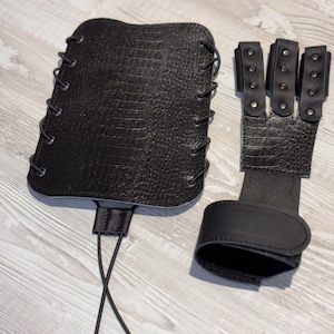 Black Leather archery GLOVE and ARMGUARD, Custom made archery safety gear