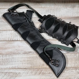 Leather BACK QUIVER with ARMGUARD, Leather archery quiver and arm guard set