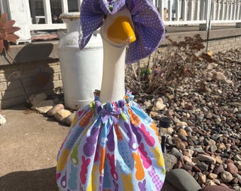 Easter Bunnies and Gingham dress with Bonnet Hat Outfit Clothing Large Concrete Goose Lawn Ornament Spring Holiday