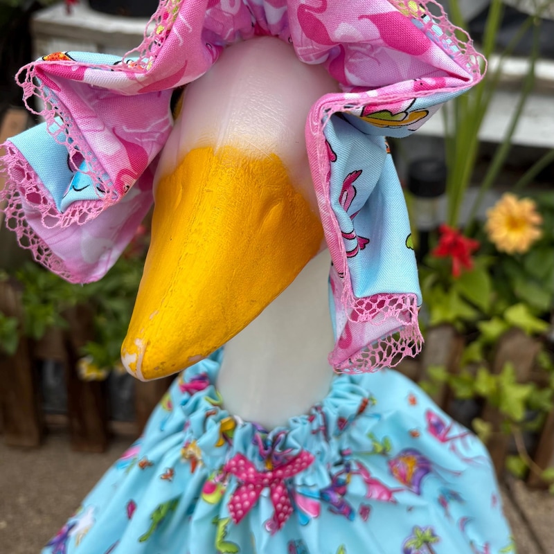 Pink Flamingo Tropical Concrete Lawn  Large Goose clothing Spring  Dress with bonnet Outfit