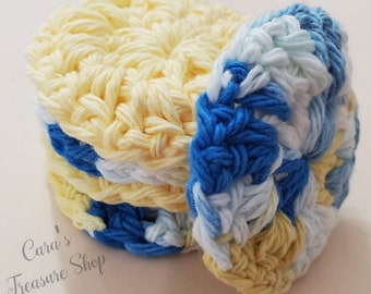 Crochet Cotton Makeup Pads, Washable, Reusable, Eco-friendly, Sustainable, Handmade, Set of 5, Bundle, Blue, Yellow and White